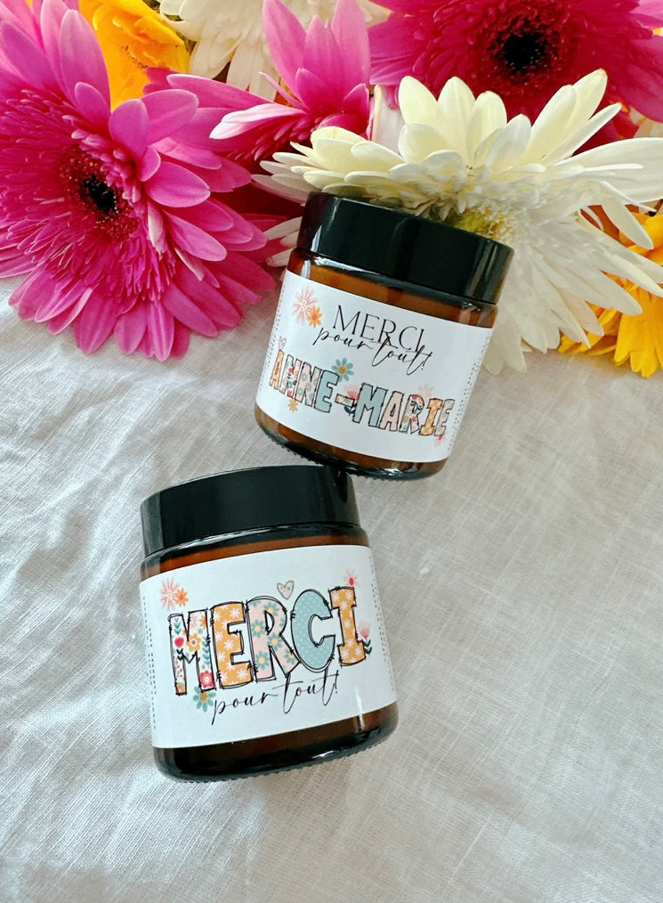 PRÉCOMMANDE - Bougie mini « MERCI pour tout ! » ⇢Avec prénom personnalisé⇠ | Motif floral