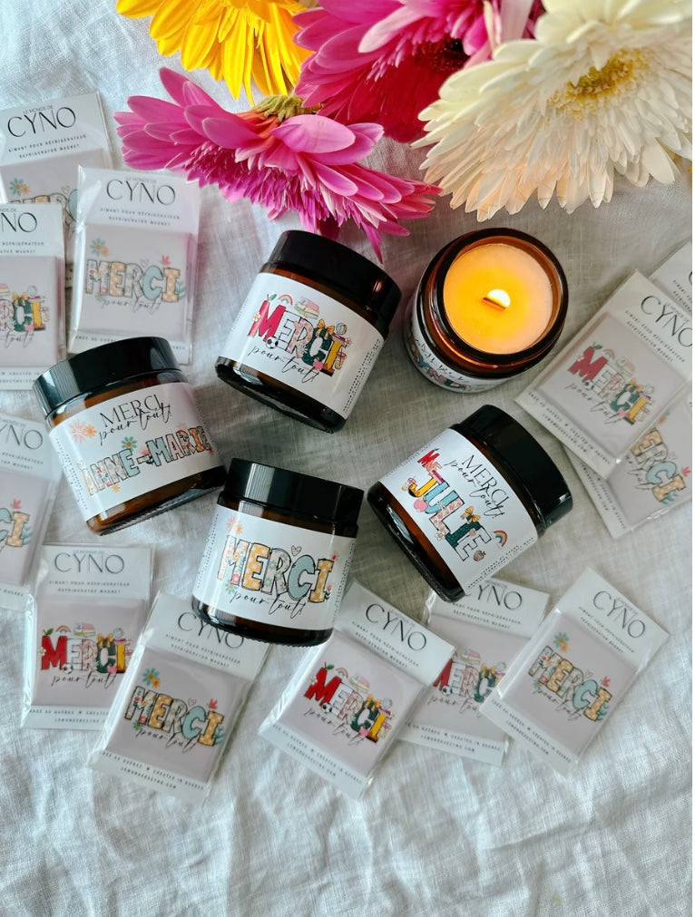 PRÉCOMMANDE - Bougie mini « MERCI pour tout ! » ⇢Avec prénom personnalisé⇠ | Motif floral